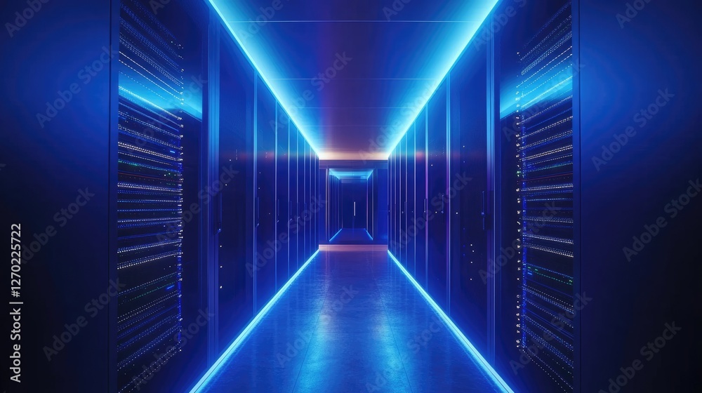 Futuristic data center with glowing blue lighting and sleek server racks, showcasing advanced technology and high-speed computing. Ideal for cloud storage, cybersecurity, and IT solutions Futuristic data center with glowing blue lighting and sleek server racks, showcasing advanced technology and high-speed computing. Ideal for cloud storage, cybersecurity, and IT solutions