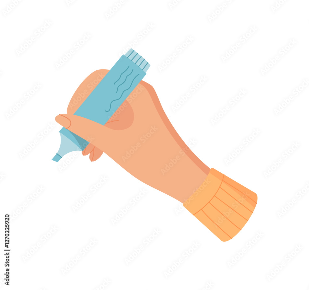 Female hand holding highlighter. Gesture of touch with a highlighter item. Cartoon symbol, flat style, ideal for educational content or creative projects. Female hand holding highlighter. Gesture of touch with a highlighter item. Cartoon symbol, flat style, ideal for educational content or creative projects.