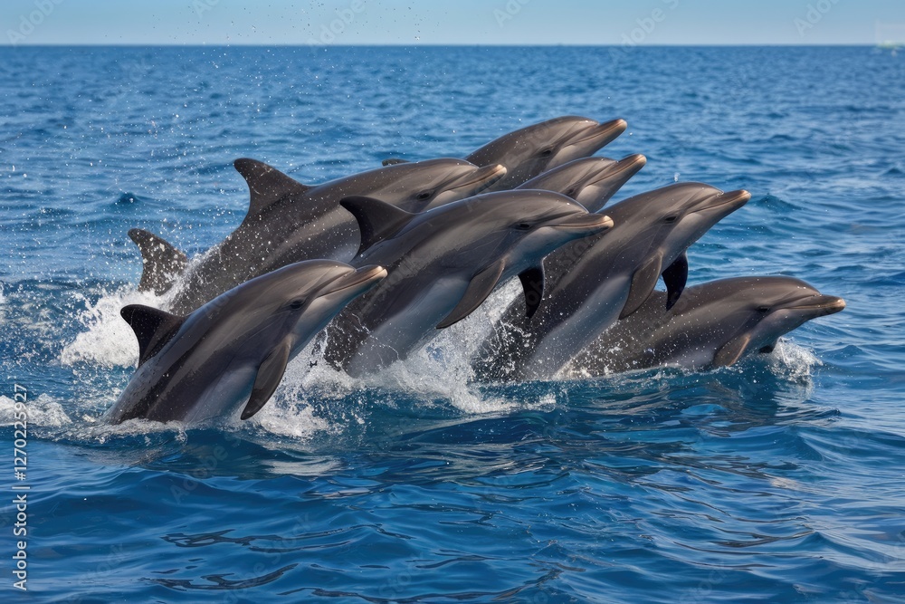 Naklejka premium Energetic Marine Mammals in Action on Sunny Day, Blue Water, Eye-Level Shot
