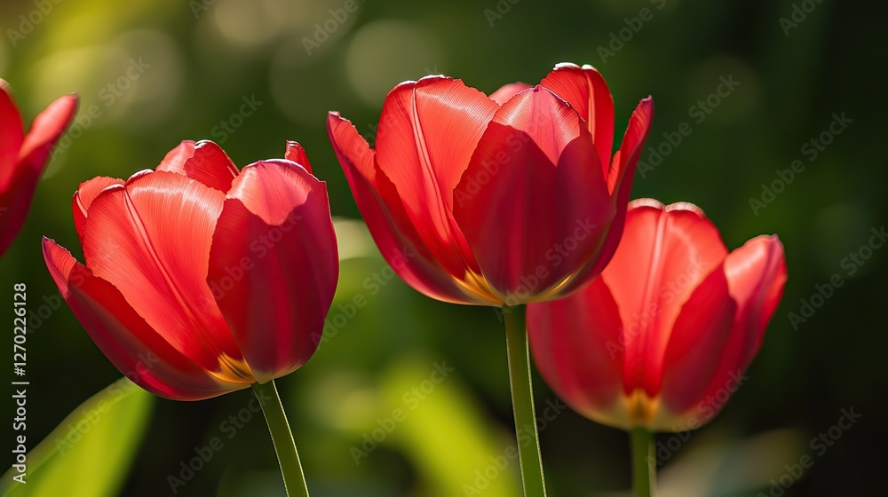 Vibrant Red Tulips in Bloom with Delicate Petals and Bright Colors, Natural Sunlight, Sharp Focus on One Flower, Soft Green Background Bokeh Effect
