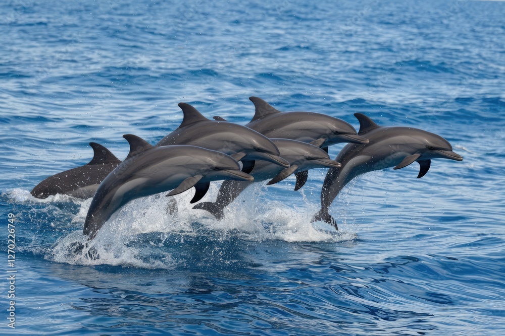 Obraz premium Pod of Dolphins Breaching in Deep Blue Ocean, Group Jumping Together, Sunlight, Splashing Water, Dynamic Movement, Nature Photography