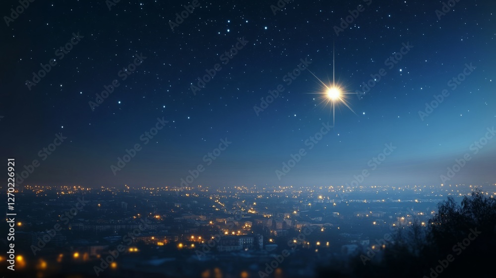 Naklejka premium A bright star shines over a cityscape at night. The twinkling lights of the city