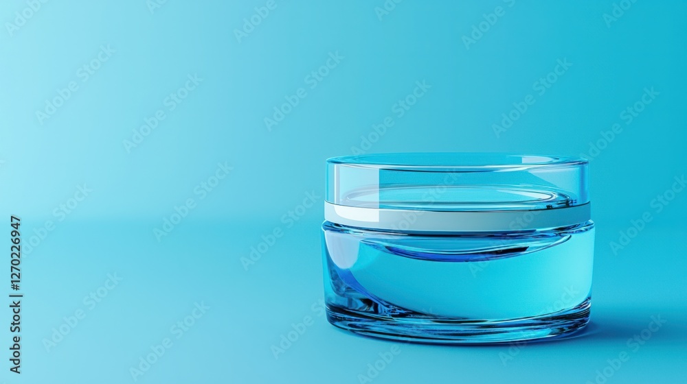 Clear Glass Jar with Cream on Bright Blue Background Clear Glass Jar with Cream on Bright Blue Background