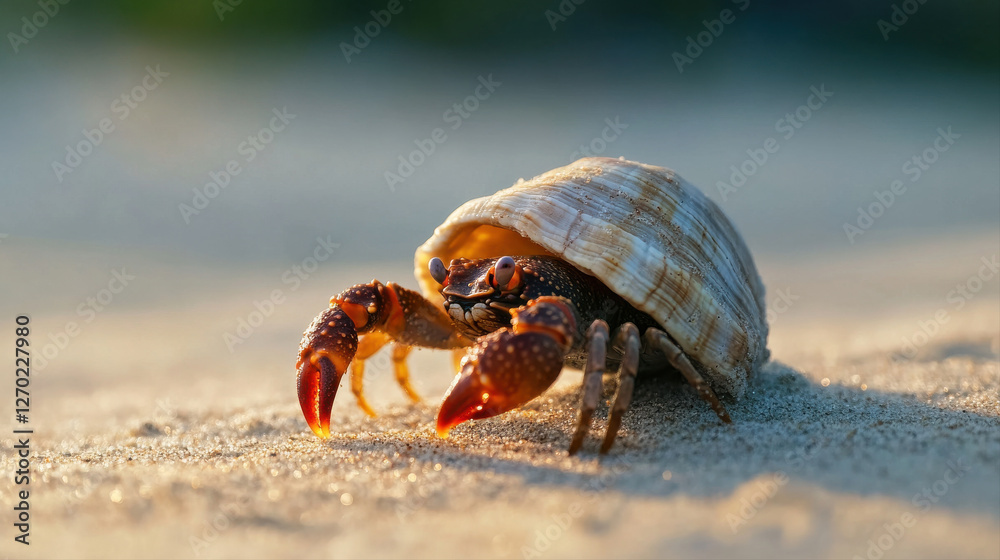 hermit crab with shell is scuttling across sandy beach, showcasing its vibrant claws and unique habitat hermit crab with shell is scuttling across sandy beach, showcasing its vibrant claws and unique habitat
