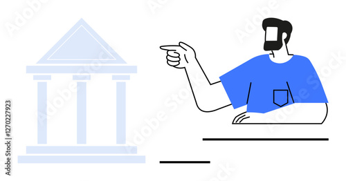 Man in blue shirt with beard points to a building with columns. Ideal for themes thumbs up law, education, government, finance, architecture, decision-making, guidance. Blue black white abstract