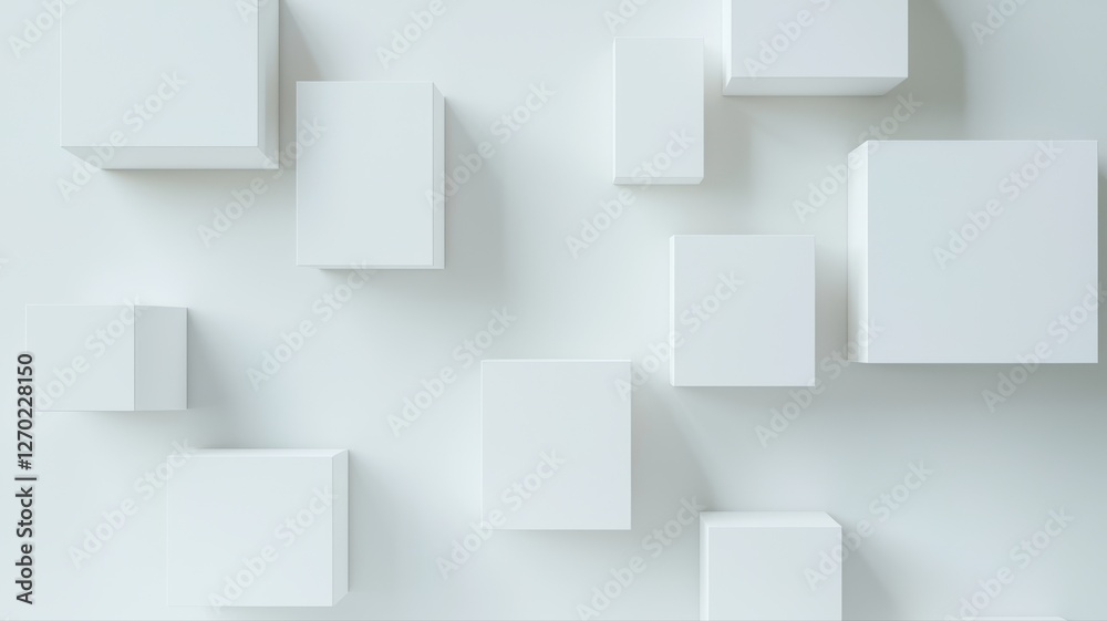 Abstract 3D geometric white cubes arrangement on smooth background. Minimalist modern design.