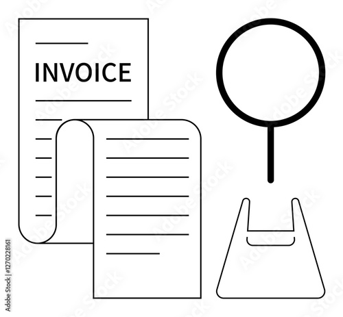 Invoice and receipt next to a magnifying glass and a shopping bag. Ideal for finance, retail, shopping, document verification, payment processes, business audits, digital receipts. Simple line flat