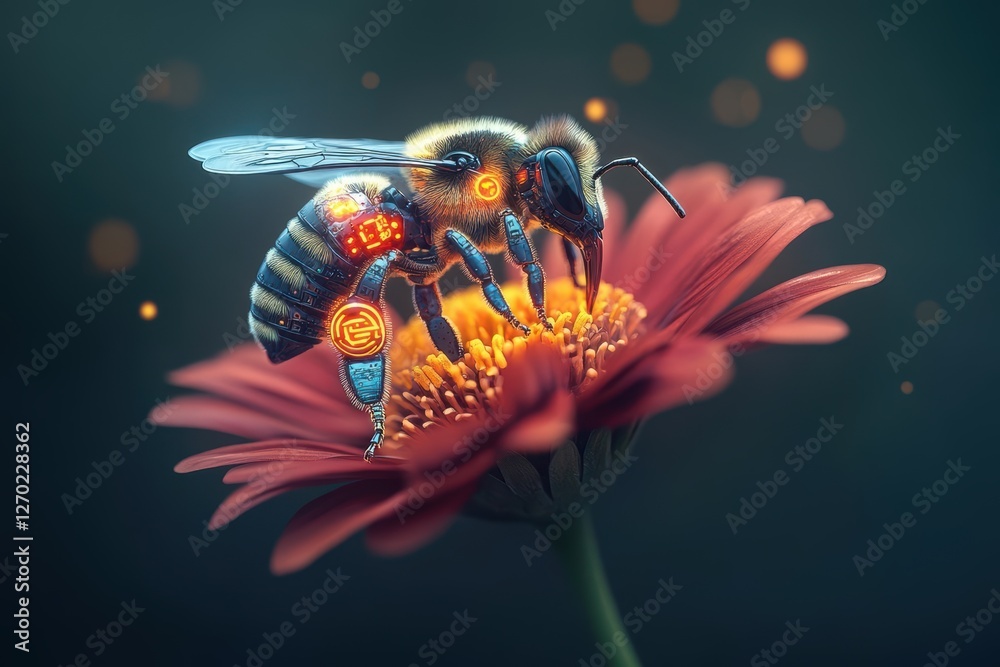 Naklejka premium A Vibrant Bee Pollinating a Colorful Flower in a Lush Garden Setting Under Bright Sunlight Showcasing Nature's Beauty and Delicate Ecosystem Harmony