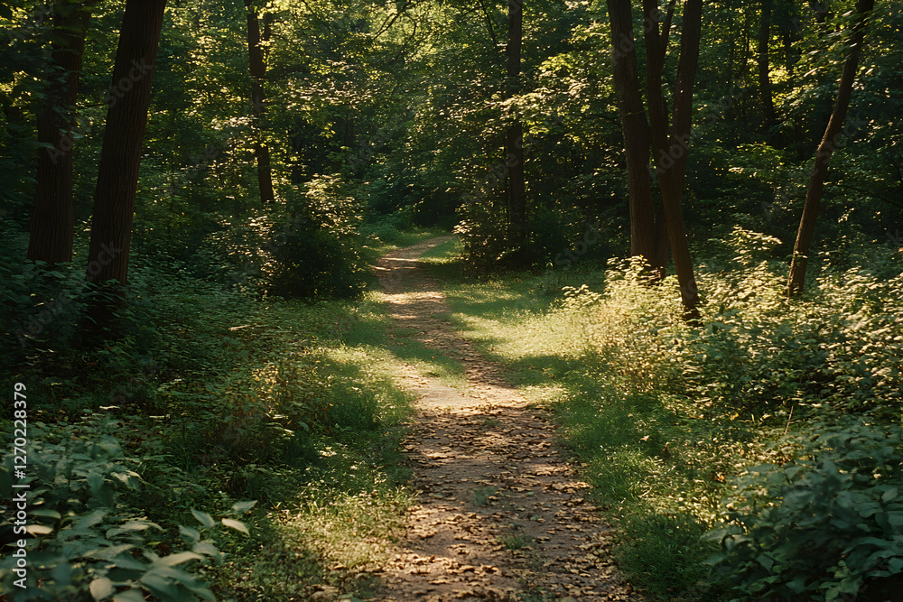 Obraz premium Serene woodland path bathed in dappled sunlight, winding through lush green foliage and tall trees. Perfect for nature, tranquility, and escape themes.