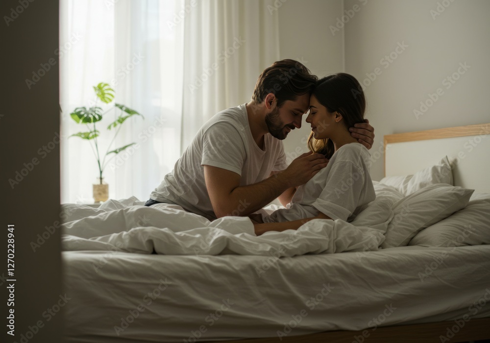 Fototapeta premium Romantic Couple Intimate Moment in Bed Morning