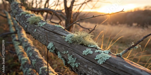 Wallpaper Mural Close-Up Portrait of a Weathered Wooden Branch with Pale Teal Lichen in Warm Sunset Light - Nature's Beauty, Textures, and Colors Torontodigital.ca