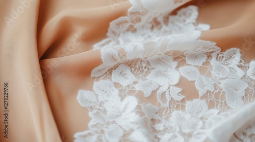 Wallpaper Mural Delicate Beige Fabric with Intricate White Lace Pattern Close-Up View Torontodigital.ca