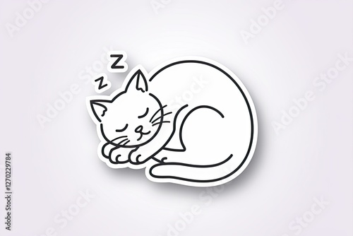 Cute Stylized Sleeping Cat Illustration with Zzz on White Background, Cartoonish, Black Outline, Minimalist, Sticker Style