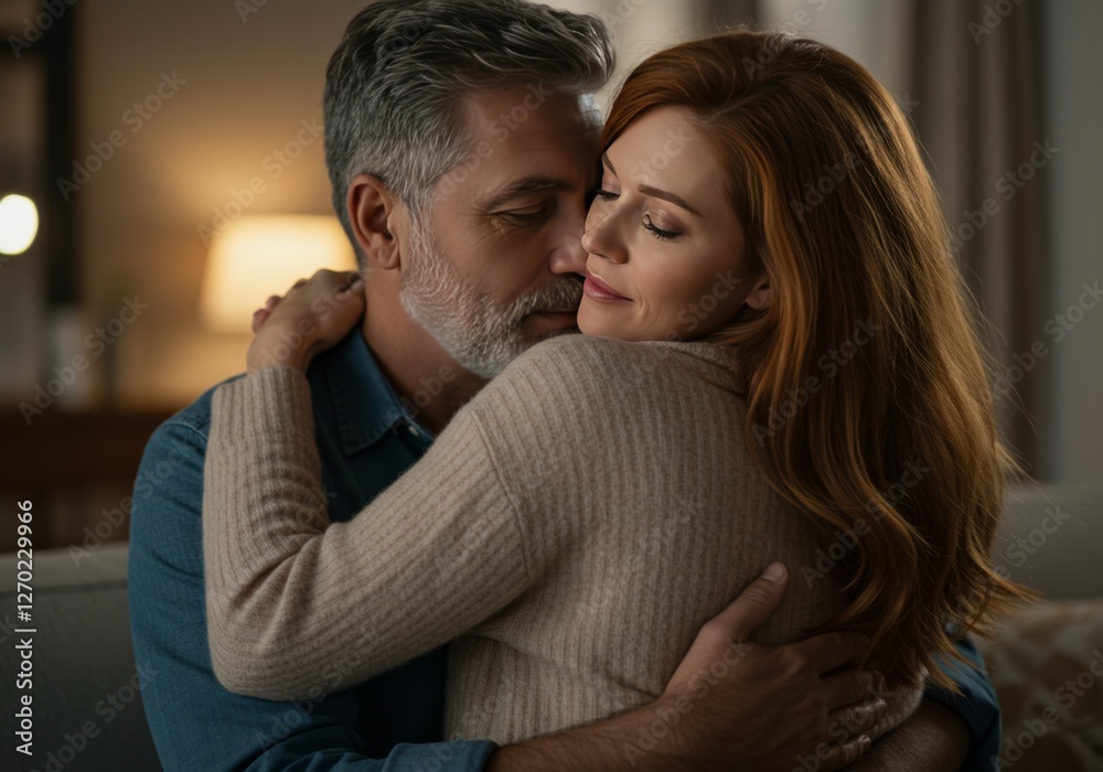 Romantic Couple Embracing Tenderly in Warm Evening Light Romantic Couple Embracing Tenderly in Warm Evening Light