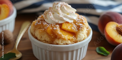 Delicious Peach Cobbler Dessert with Whipped Cream in Ramekin