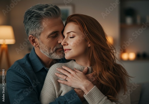 Romantic Couple Embracing in Intimate Evening Setting