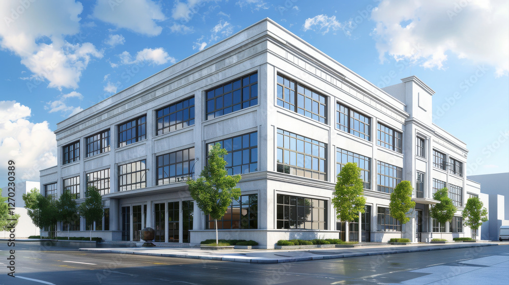 Modern commercial building with large windows and greenery Modern commercial building with large windows and greenery