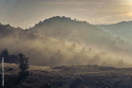 Hills veiled in soft morning mist sunlight filtering through creating a serene and dreamy landscape photo