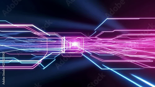 Futuristic Digital Landscape Neon Pink and Blue Lines Create Dynamic Abstract Tunnel Effect, Suggesting Speed and Technology in Digital Circuit Design Network