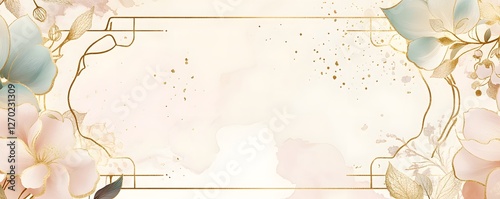 Floral arrangement with golden frame and soft watercolor background