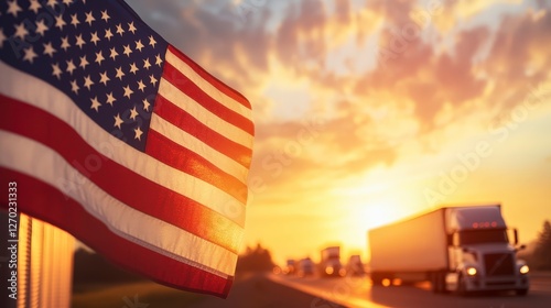 United States Flag Waving on Highway at Sunset with Trucks Traveling Nearby