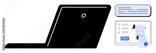 Laptop partially open, digital invoice with PAY button, and cloud storage symbol depict online payment and document management. Ideal for digital finance, e-commerce, online transactions, cloud