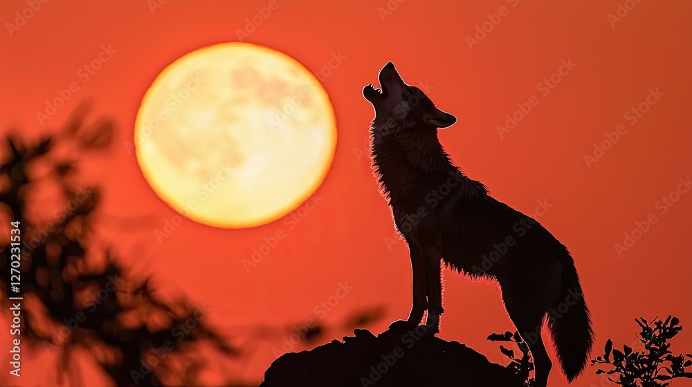 A howling wolf silhouetted against a vibrant sunset with a full moon, evoking wilderness A howling wolf silhouetted against a vibrant sunset with a full moon, evoking wilderness