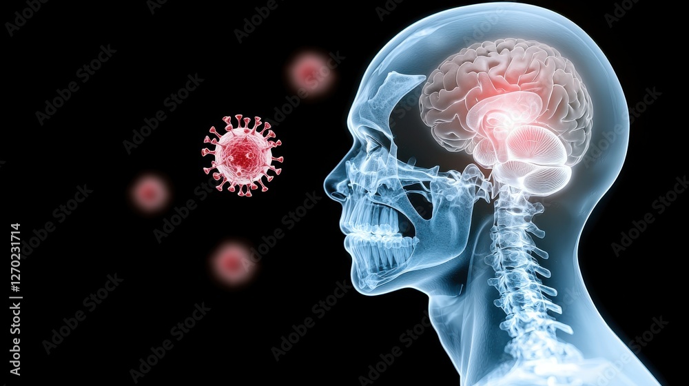 3D illustration of human head and brain with virus particles, highlighting interaction and potential impact on health. 3D illustration of human head and brain with virus particles, highlighting interaction and potential impact on health.
