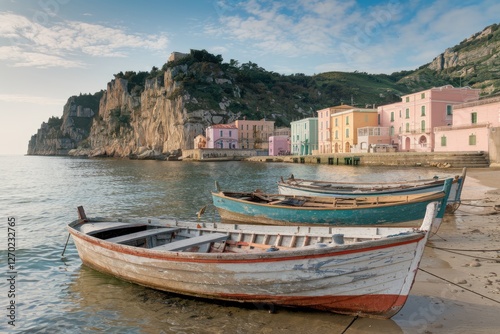 Pastel Buildings, Old Wooden Boats, Calm Water, Cliffside, Blue Sky, Serene, Italy, Mediterranean, Vintage Feel