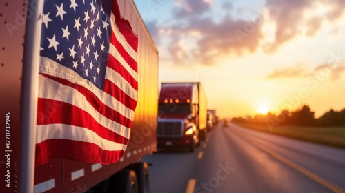 American Flag on Truck at Sunset with Scenic Highway and Transport Vehicles in View