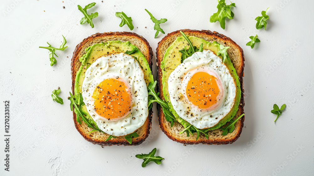 Delicious avocado toast topped with fried eggs and arugula, perfect for breakfast Delicious avocado toast topped with fried eggs and arugula, perfect for breakfast