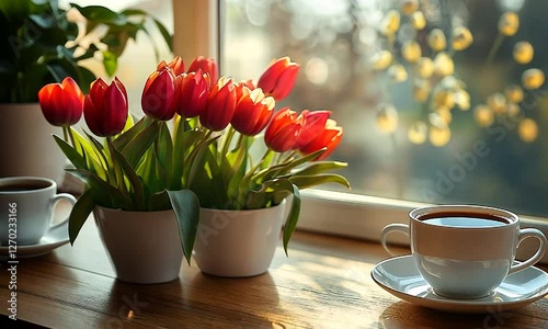 Wallpaper Mural A serene morning scene featuring a cup of coffee beside vibrant tulips on a sunlit windowsill Torontodigital.ca