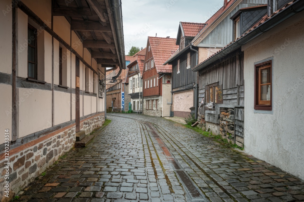 Wet Cobblestone Street & Traditional German Architecture on Cloudy Day, Fachwerkhaus Style, Neutral Tones Wet Cobblestone Street & Traditional German Architecture on Cloudy Day, Fachwerkhaus Style, Neutral Tones