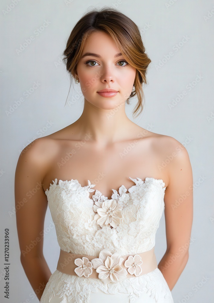 Elegant Bride Portrait in Beautiful Lace Wedding Dress with Floral Accents Elegant Bride Portrait in Beautiful Lace Wedding Dress with Floral Accents