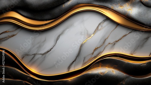 Luxurious White Marble Frame with Intricate Golden Details on a Black Textured Background