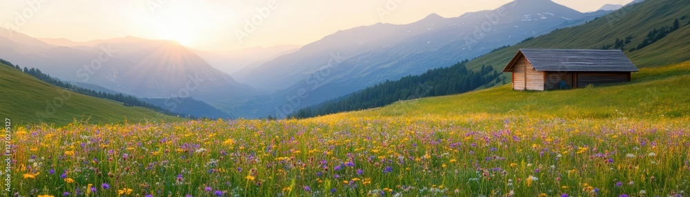 Fototapeta premium Charming Rustic Cabin Nestled in Lush Green Mountain Meadow Surrounded by Majestic Peaks and Vibrant Wildflowers Under a Clear Blue Sky