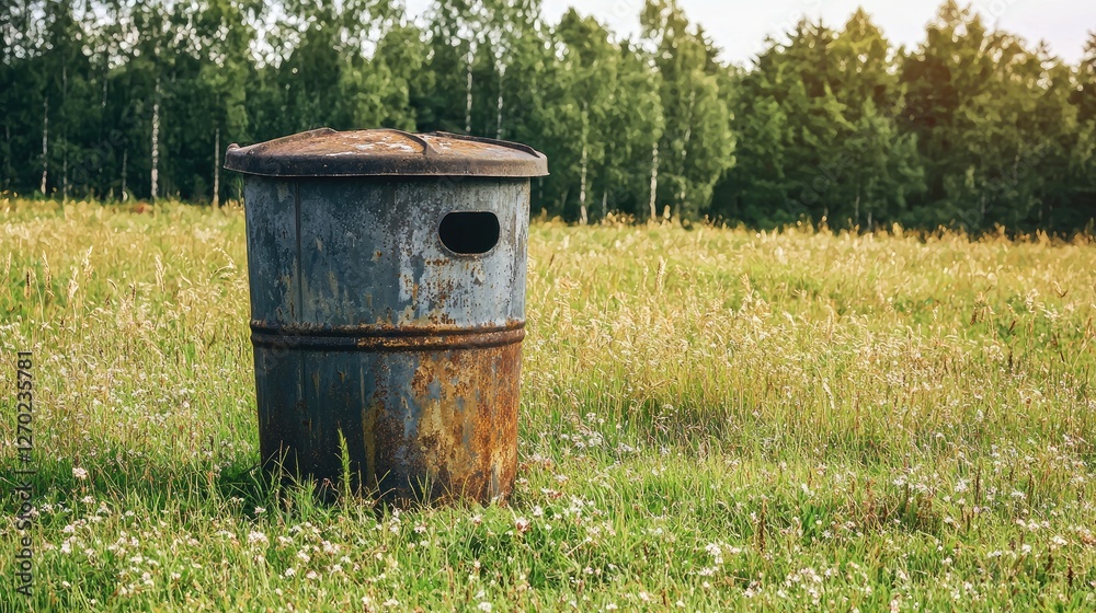 Rusty metal trash bin standing alone in a grassy field surrounded by trees and nature Rusty metal trash bin standing alone in a grassy field surrounded by trees and nature