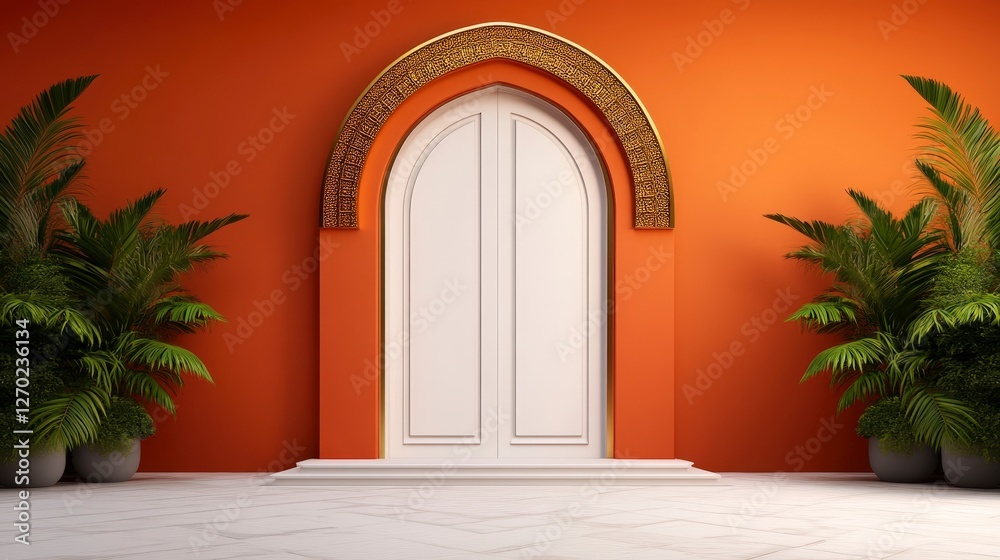 Fototapeta premium Elegant Arabic Archway in Vibrant Orange Room with Decorative Plant Elements