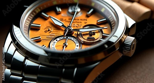 Close-up of an orange dial luxury watch on a wooden surface with blurred background elements