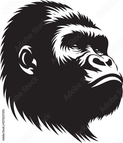 Gorilla head, black and white illustration.