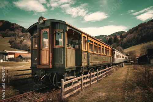 Antique Green and Gold Train Car with Wooden Accents Against Verdant Hillside, Nostalgic, Atmospheric, Detailed, Railways, Old-fashioned, Sunny Day, Wooden Fence