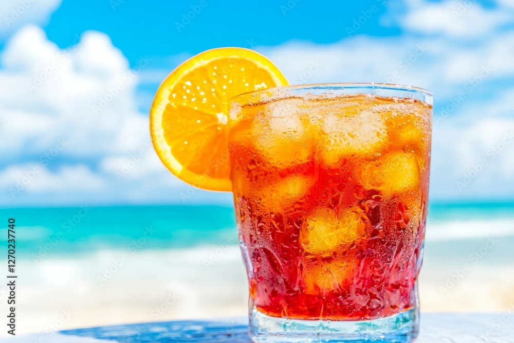 Refreshing Summer Drink with Ice and Orange Slice on Tropical Beach Background, Perfect for Vacation and Relaxation Scenarios Refreshing Summer Drink with Ice and Orange Slice on Tropical Beach Background, Perfect for Vacation and Relaxation Scenarios
