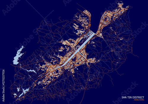 vector map of highway waterway and buildings in tai po district in hongkong with blue and orange theme
