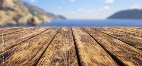 Wooden Plank Surface with Scenic View of Blue Water and Hills in the Background Under Bright Sky