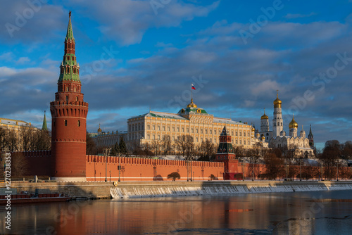 Vodovzvodnaya and Annunciation Towers of the Kremlin Wall, the Grand Kremlin Palace and the Kremlin Embankment of the Moskva River, Moscow, Russia