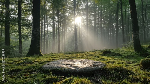 Sunlight filtering through misty forest trees illuminating a moss-covered stone in serene nature