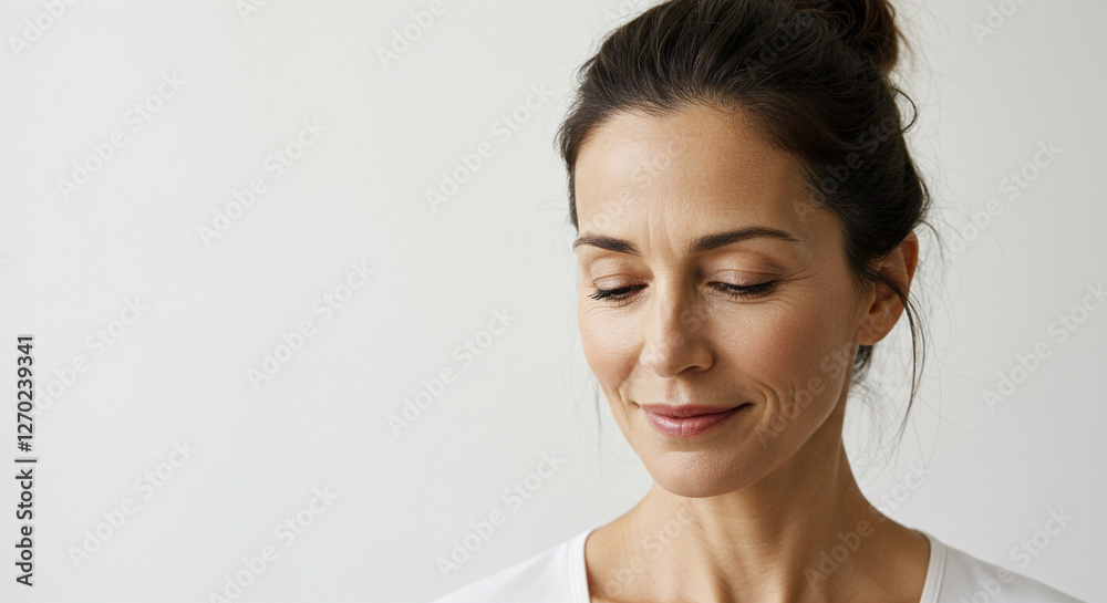 Tranquil Female Yogi with Half-Closed Eyes on Pearl-White Tranquil Female Yogi with Half-Closed Eyes on Pearl-White