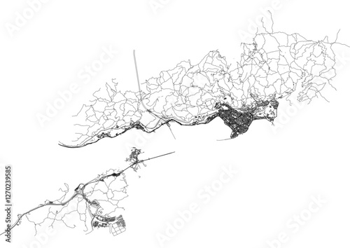 vector map of highway and building  in tsuen wan district in hongkong with black and white theme