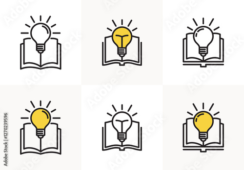 open book logo set with light bulb, collection of new knowledge concepts, understanding wisdom in learning, creative ideas, editable stroke vector illustration in line style design