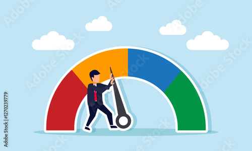 Businessman tries to point the indicator needle to the green area, illustration of efforts to improve business performance
